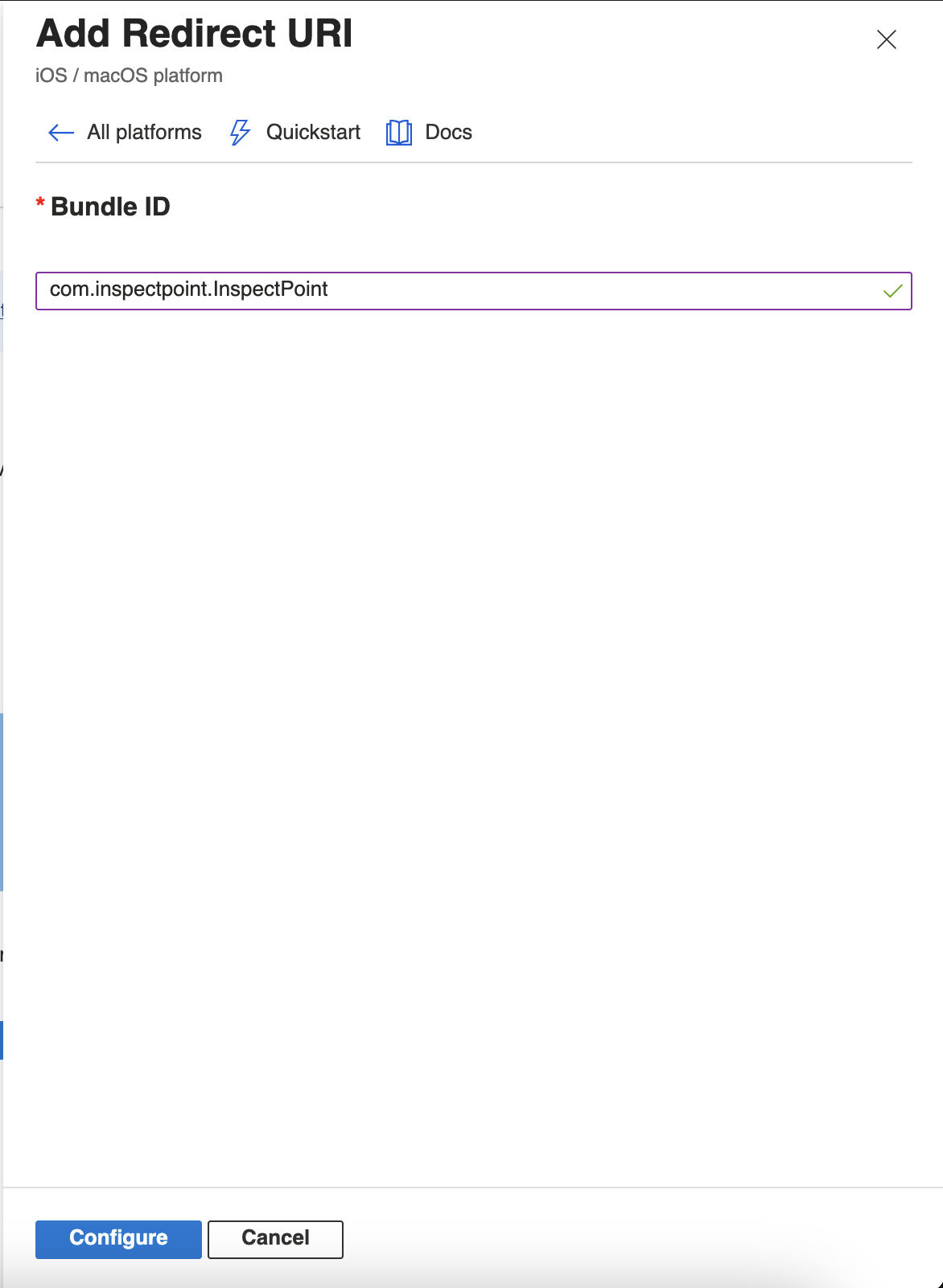 Add Redirect URI panel for the iOS / macOS platform, showing the Inspect Point Bundle ID entered