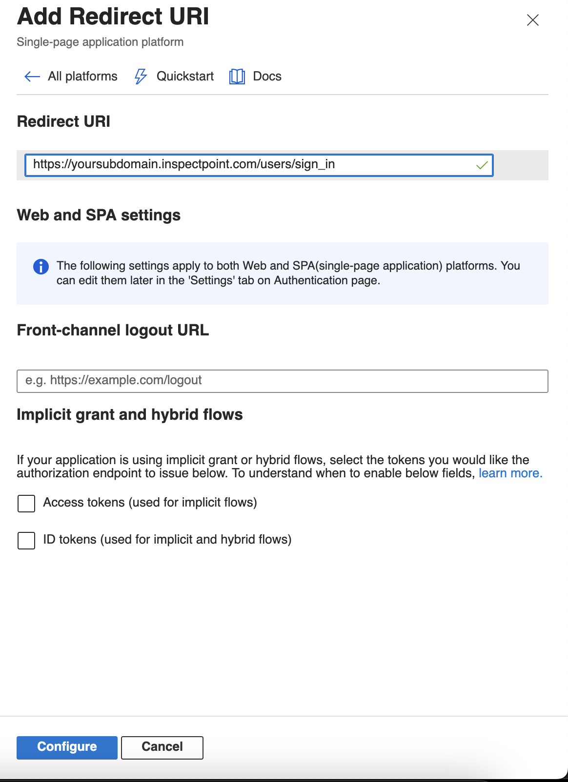 Add Redirect URI panel for the Single-page application platform, with the Inspect Point sign-in URL entered and both Implicit grant checkboxes unchecked