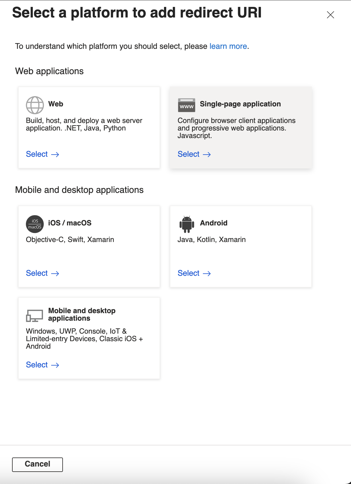 Select a platform to add redirect URI, with Single-page application highlighted under Web applications