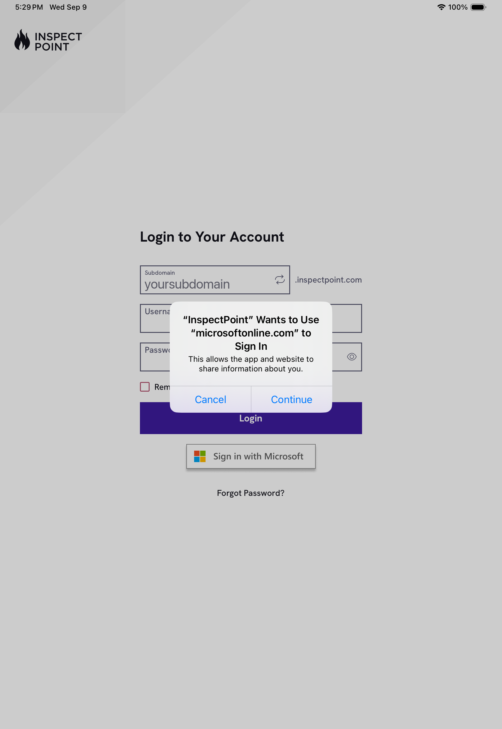 iOS prompt asking permission for Inspect Point to sign in using microsoftonline.com