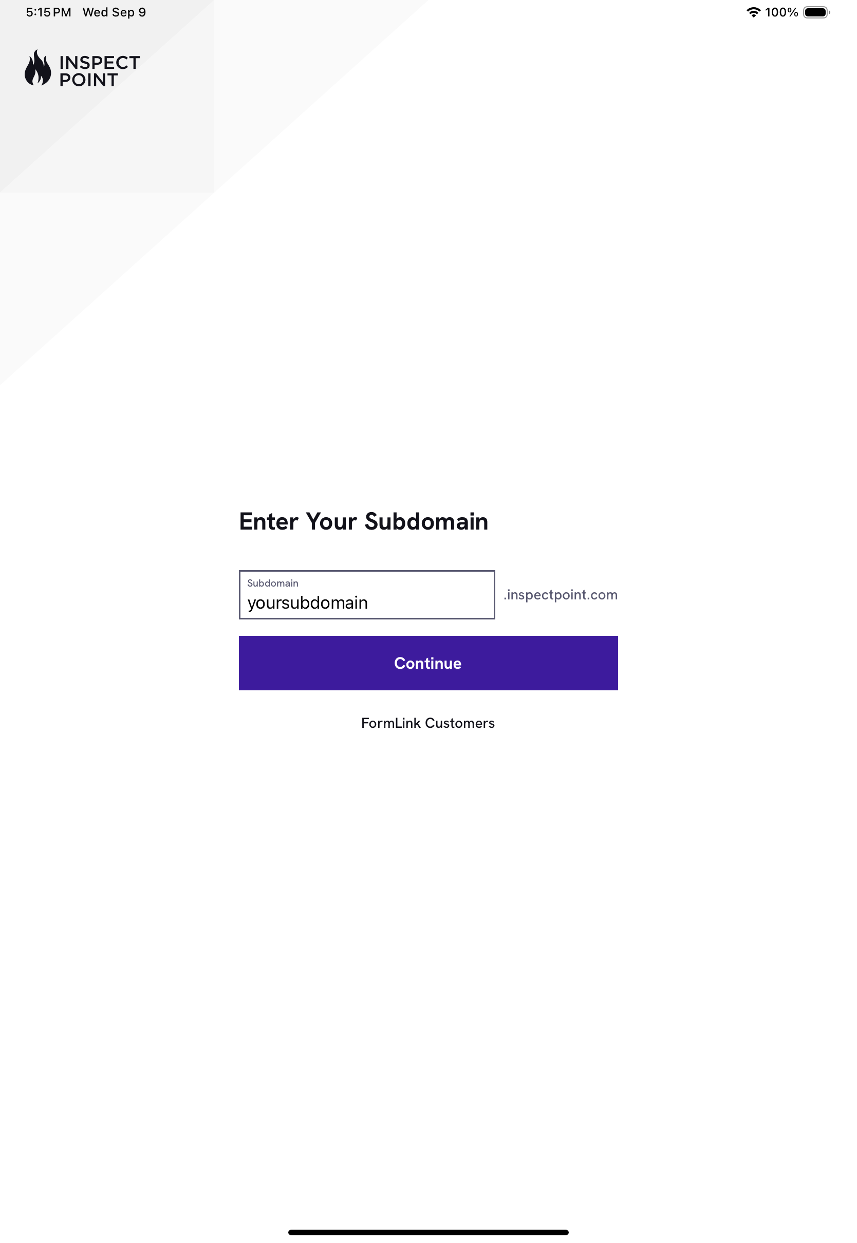 Inspect Point app subdomain screen with Continue button