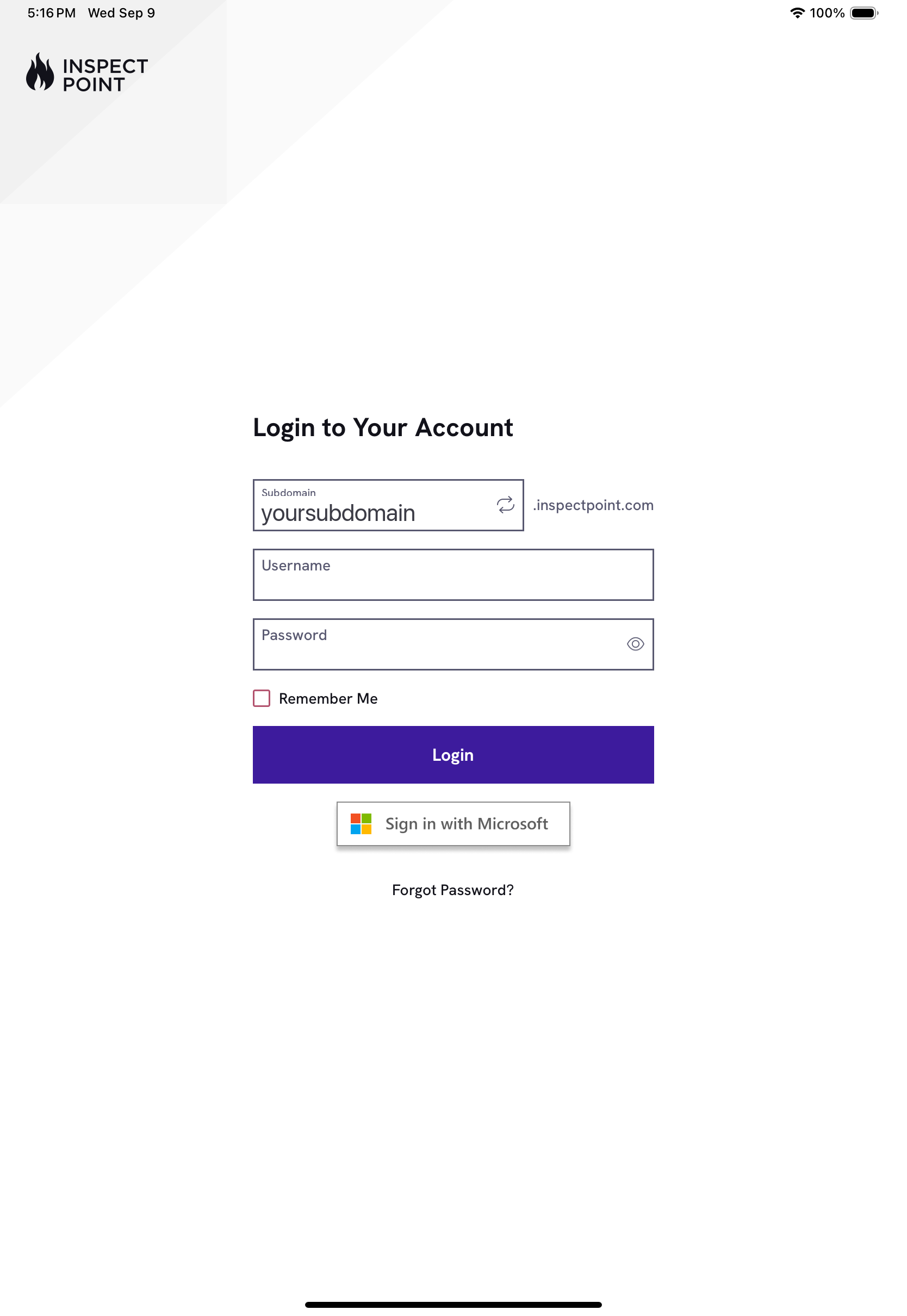 Inspect Point login screen showing the Sign in with Microsoft button